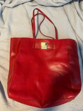 Red Simulated Leather Tote Bag with Gold Accent